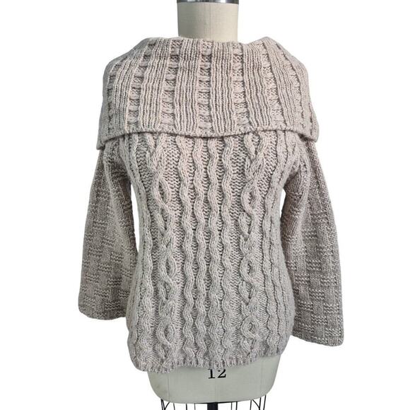 Silvia Novelli Sz L Tan Wool Blend Sweater Cable knit Oversized High Cowl Collar - Picture 1 of 7